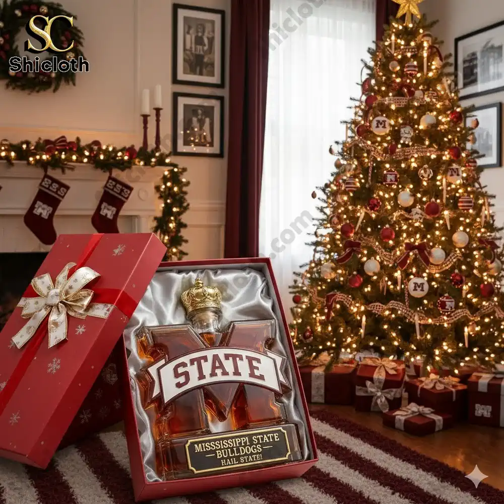 A gift box with a Mississippi State Bulldogs whiskey bottle inside, placed in front of a Christmas tree with festive decorations.