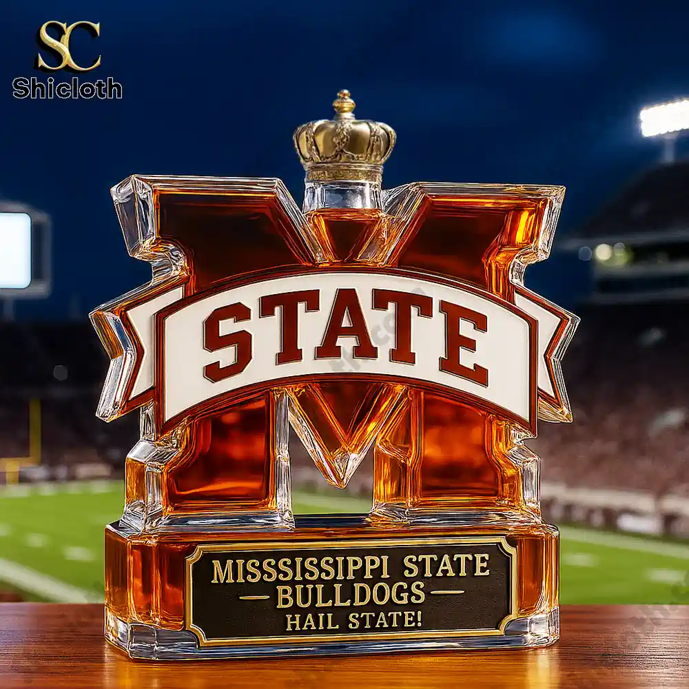 Mississippi State Bulldogs whiskey bottle with a crown design, set against a football stadium background.