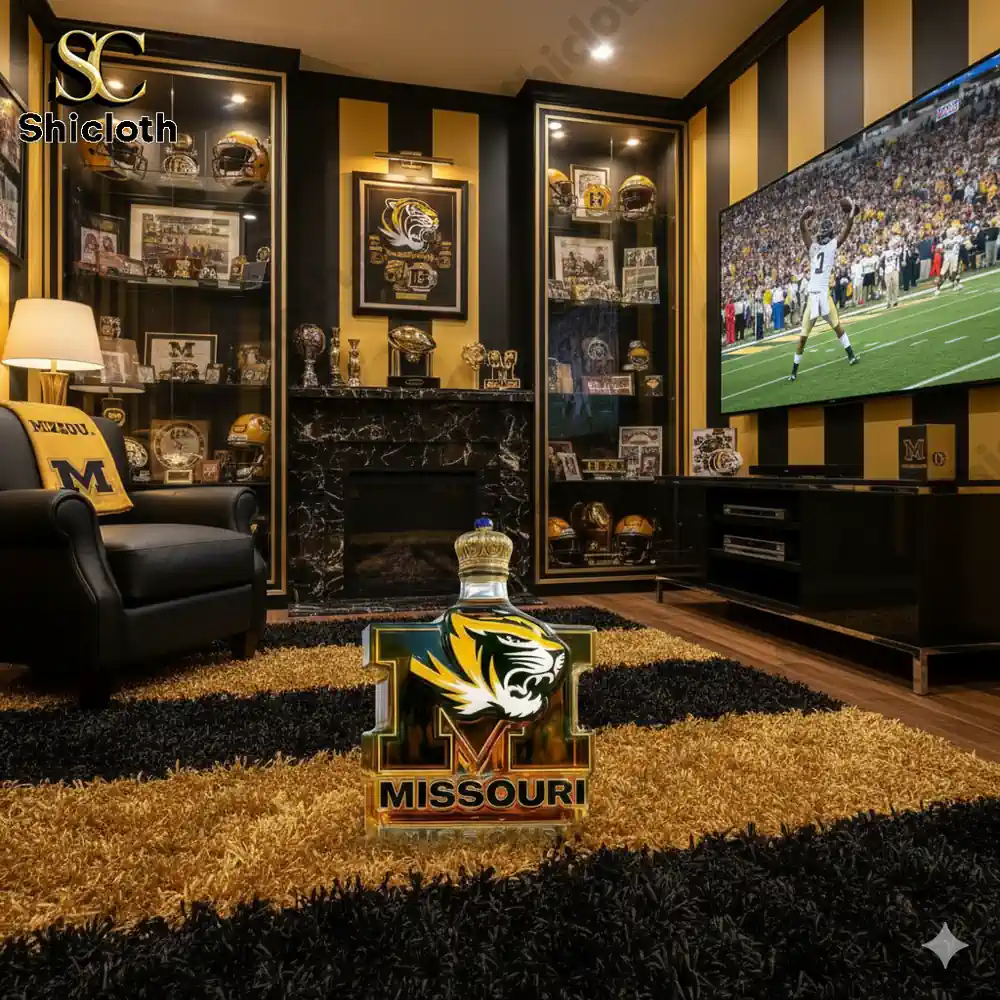 Missouri Tigers logo whiskey decanter displayed in a luxury sports themed room!