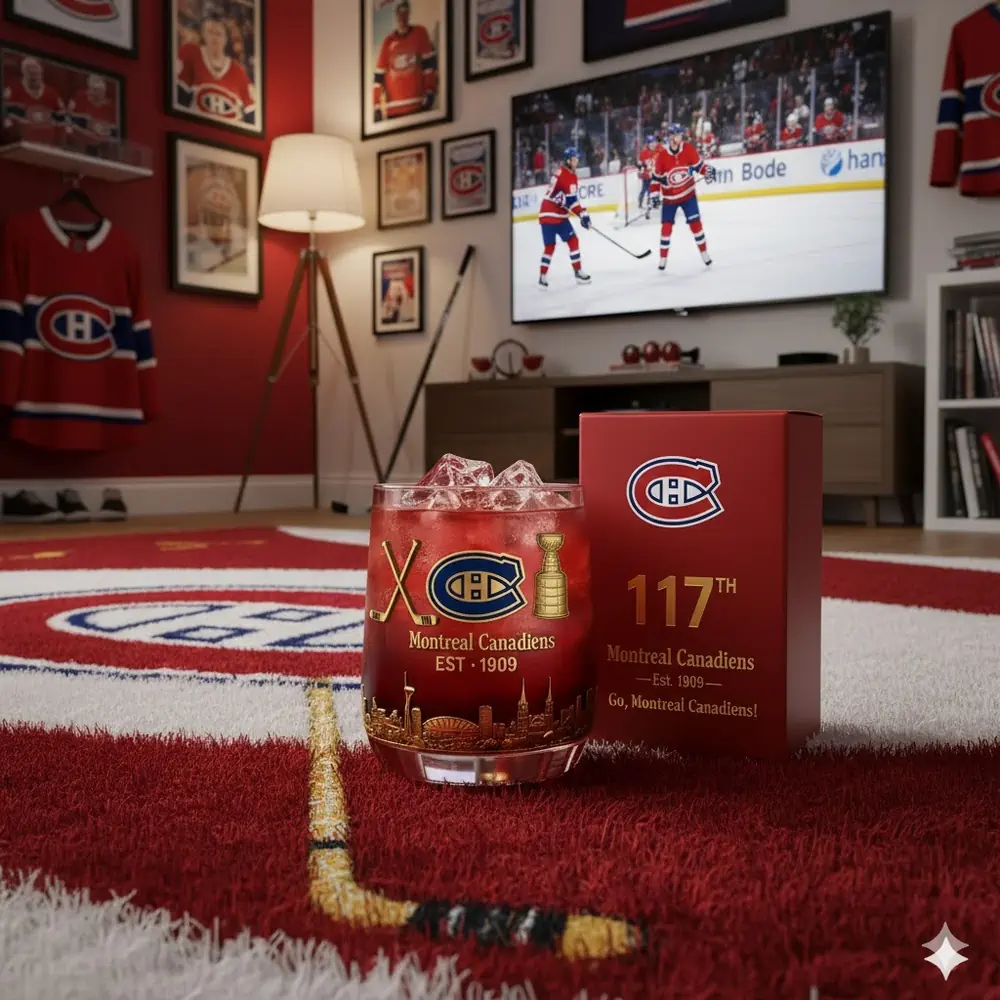 A commemorative Montreal Canadiens glass with a red drink on a team themed rug in a fan room.