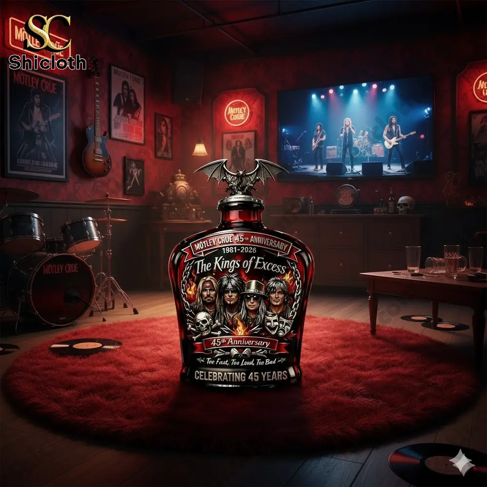 Demogorgon Sculpted Whiskey Glass 144 Motley Crue anniversary bottle displayed in a rock music room!
