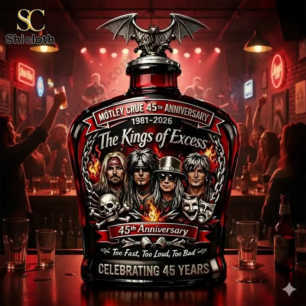 Motley Crue anniversary bottle showcased on a lively rock bar stage!
