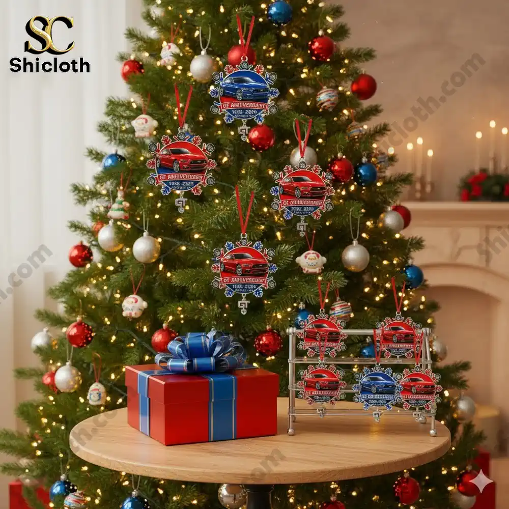 Christmas tree decorated with multiple Shicloth GT Anniversary car ornaments in red and blue.