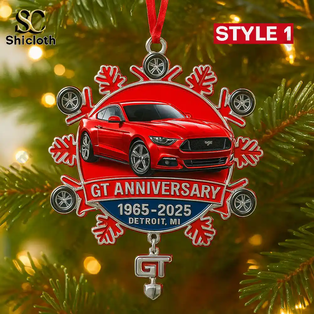 Red Shicloth GT Anniversary ornament featuring a red GT car on a Christmas tree.