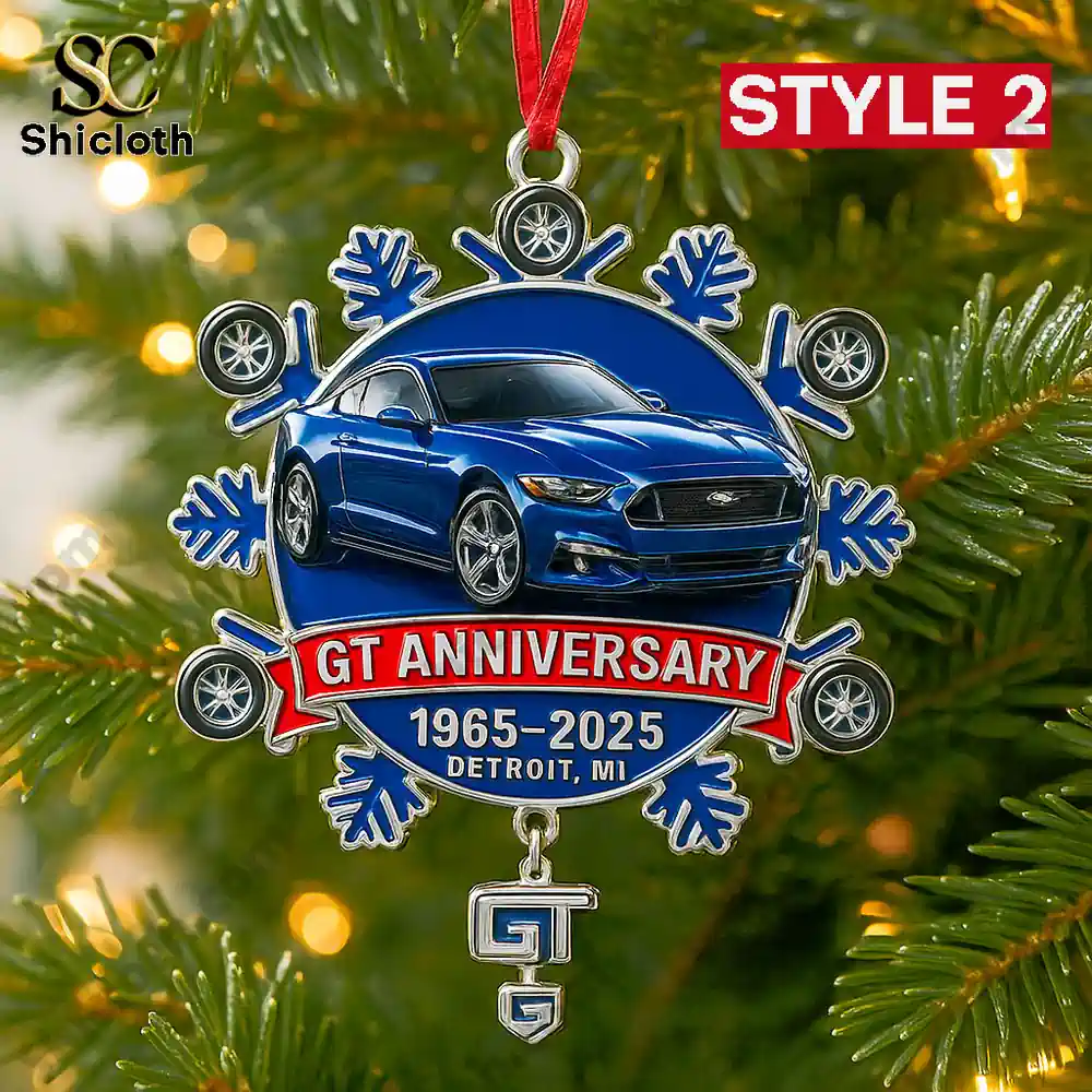 Mustang GT 60th Anniversary Snowflake Ornament 3 Blue Shicloth GT Anniversary ornament featuring a blue GT car on a Christmas tree.
