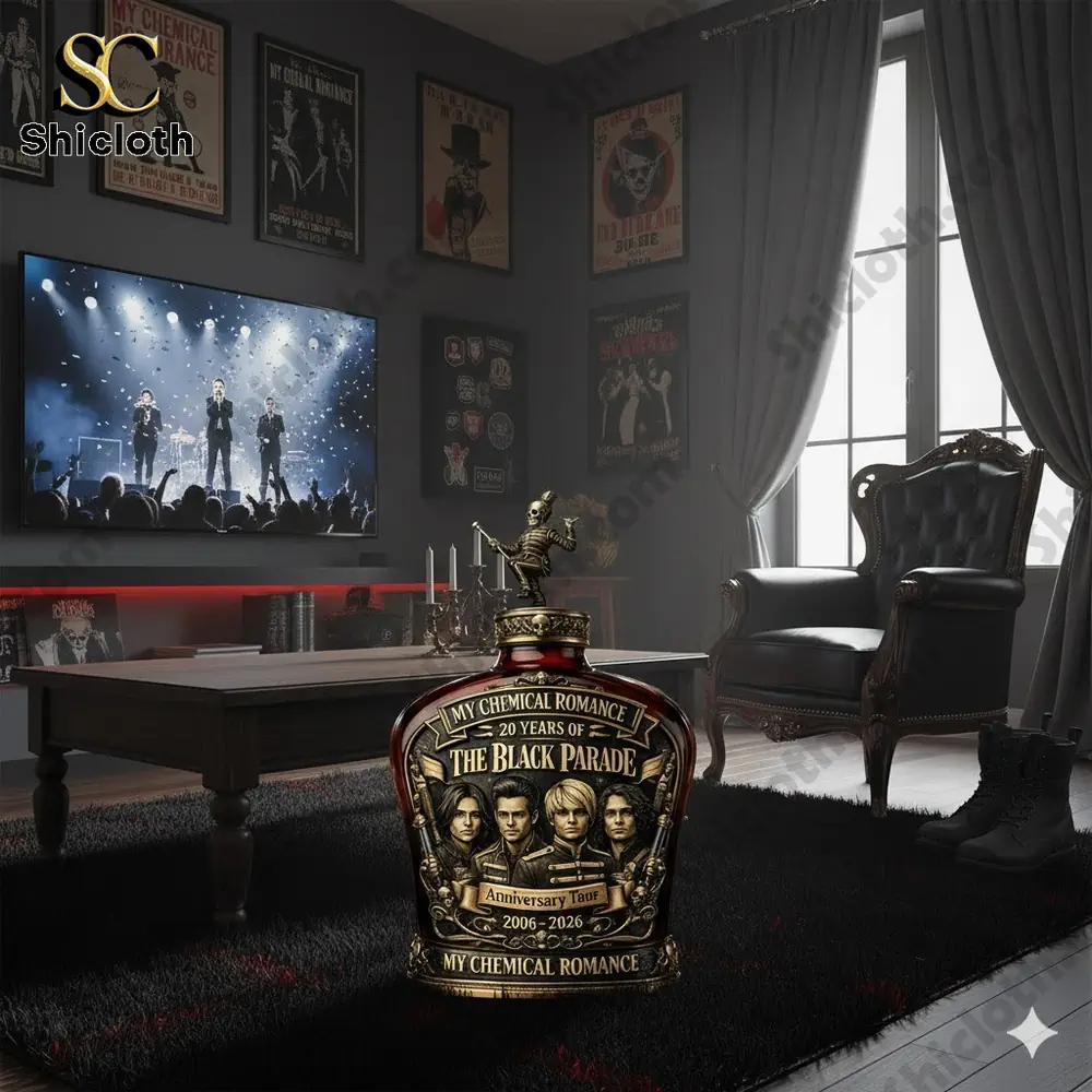 My Chemical Romance themed decorative bottle displayed in a fan living room!