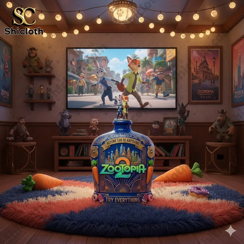 Zootopia 2 Anyone Can Be Anything Whiskey Bottle 4 Zootopia themed decorative jar in cozy movie room setting!
