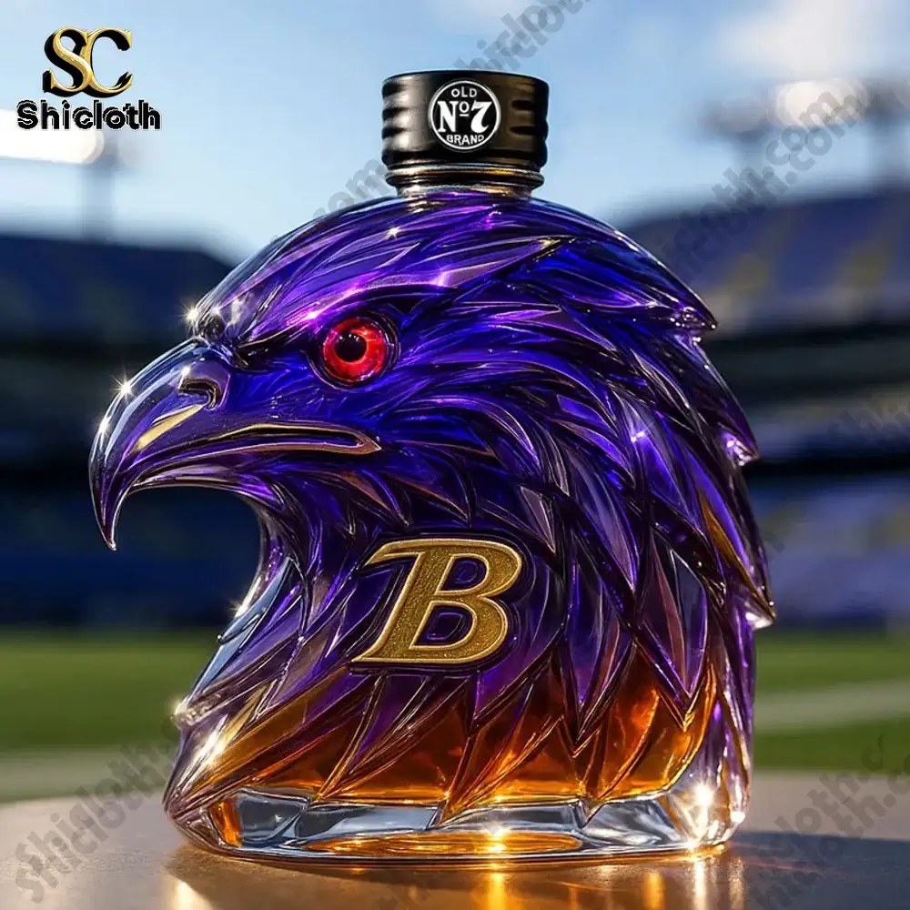 NEW 2025 Limited Edition Baltimore Ravens Christmas Gift Whiskey Bottle 3 A purple and gold eagle shaped whiskey bottle with a black Old No Seven cap!