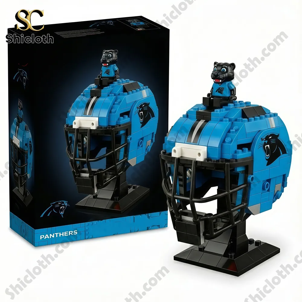 All Teams NFL Brick Helmet Collector Set 4 A block built Carolina Panthers football helmet with a panther mascot on top.