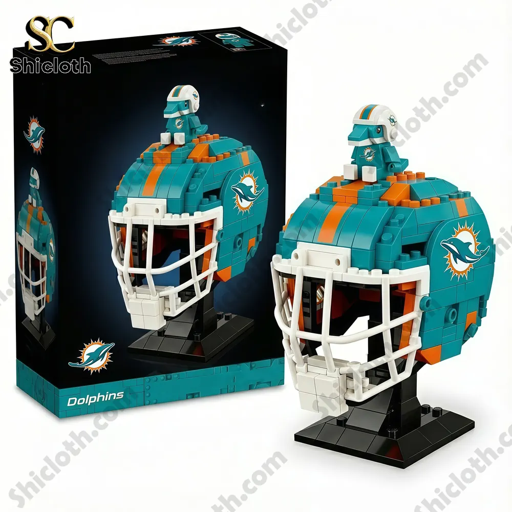All Teams NFL Brick Helmet Collector Set 5 A block built Miami Dolphins football helmet with a dolphin themed mascot on top.