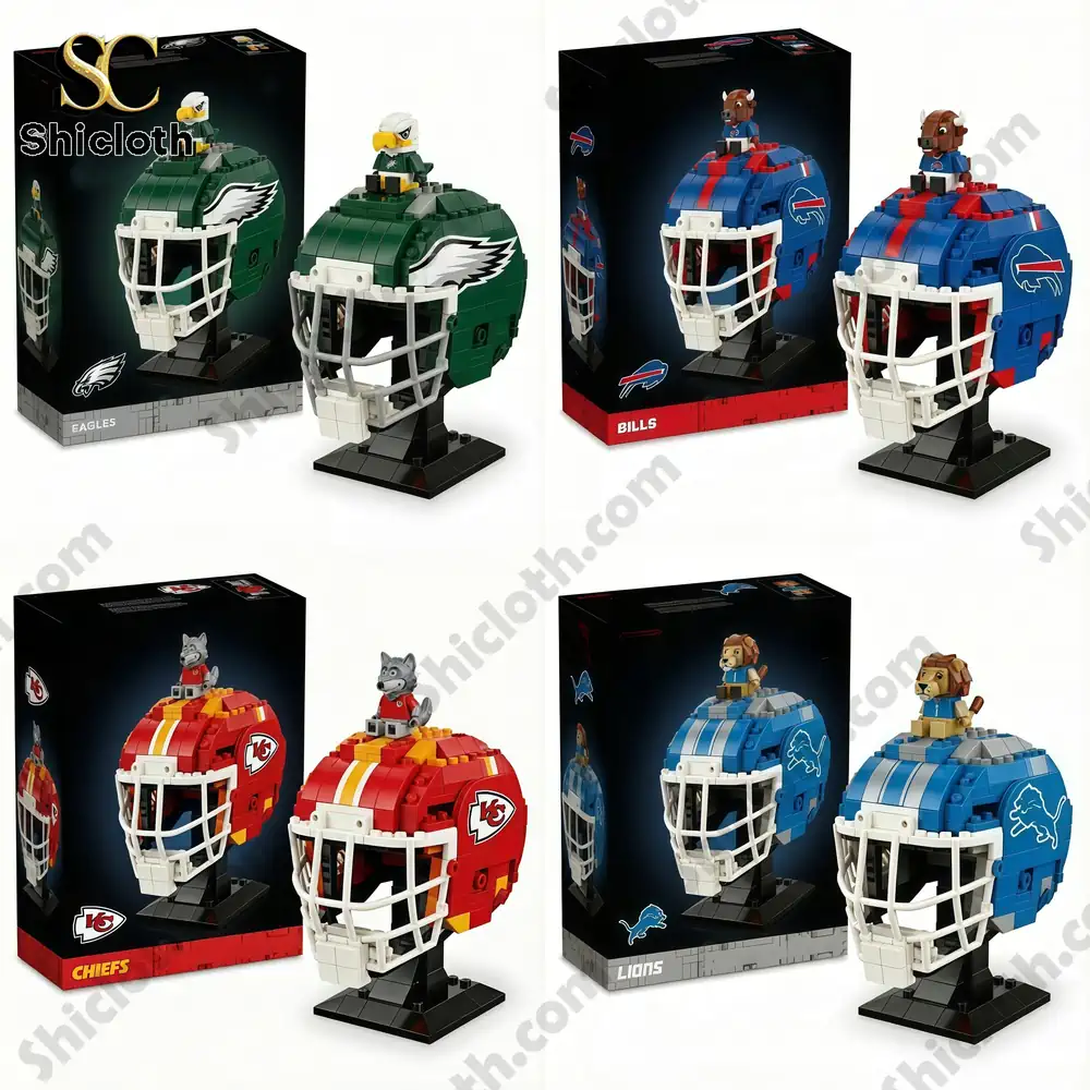 A group of block built football helmets for Eagles Bills Chiefs and Lions with mascots on top.