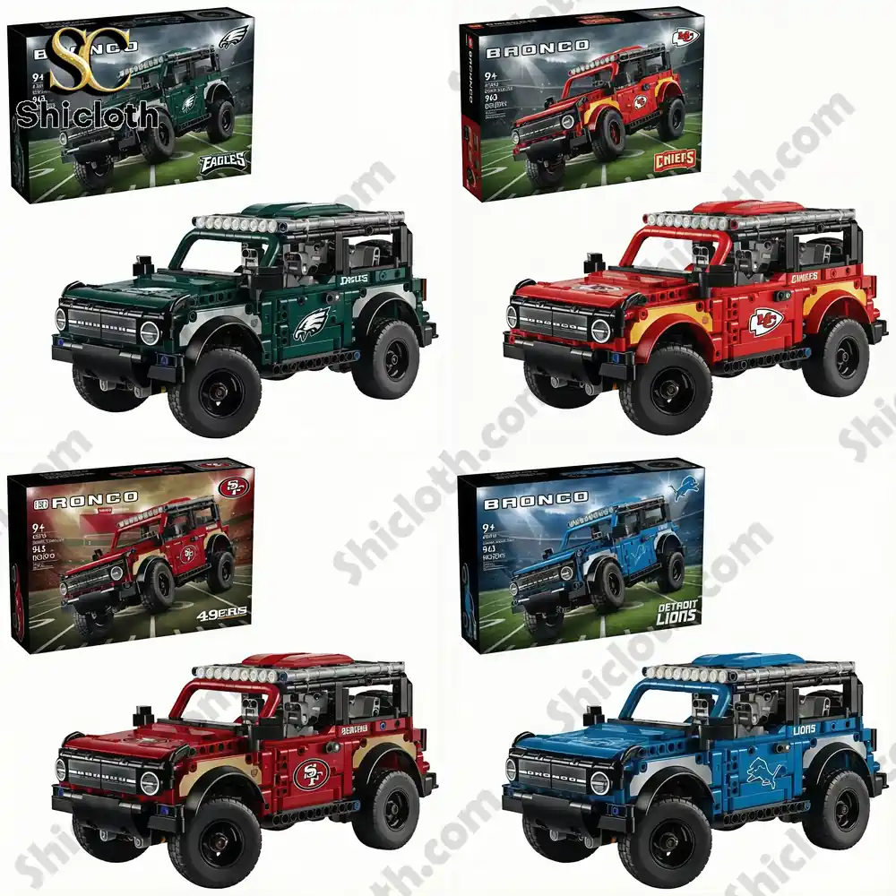 Multiple brick built Bronco vehicles inspired by different NFL team colors displayed with their boxes.
