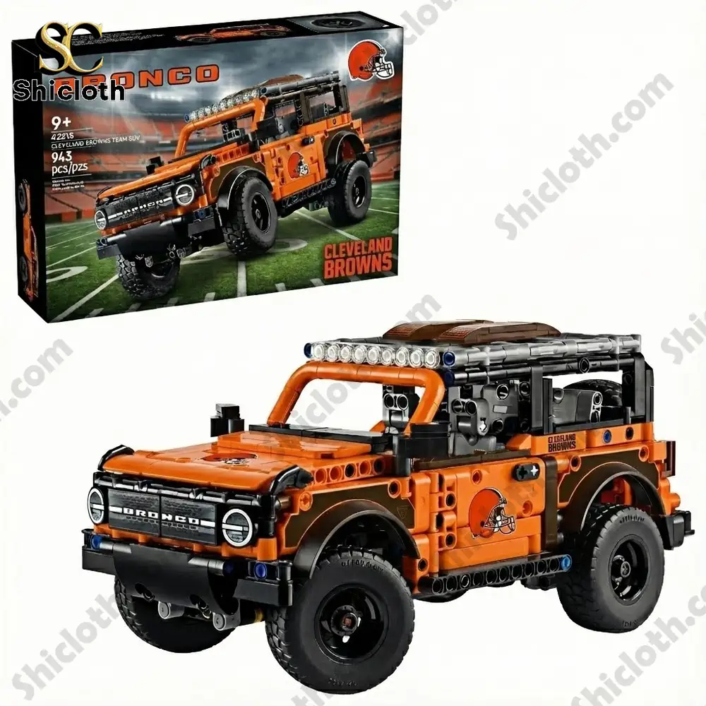 All Teams NFL x Bronco 60th Anniversary Collector Brick Set 3 A toy brick vehicle in orange themed for the Cleveland Browns displayed with its box on a field background!