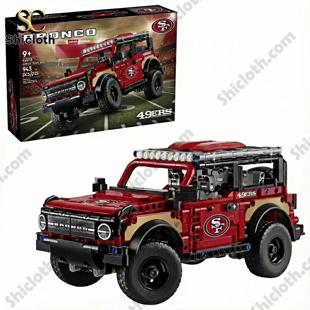 All Teams NFL x Bronco 60th Anniversary Collector Brick Set 24 A red brick built Bronco vehicle with 49ers branding displayed with its product box.