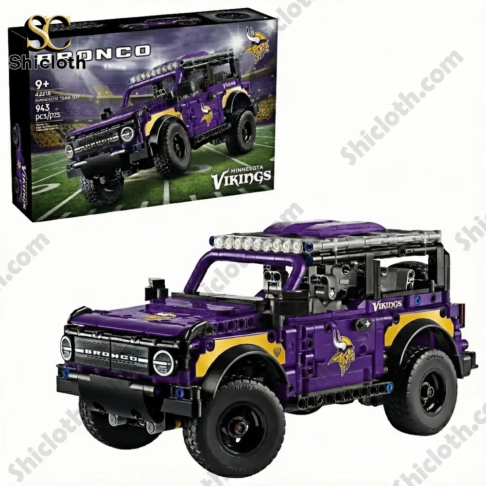 All Teams NFL x Bronco 60th Anniversary Collector Brick Set 30 A purple brick built Bronco vehicle with Vikings branding shown beside its box.