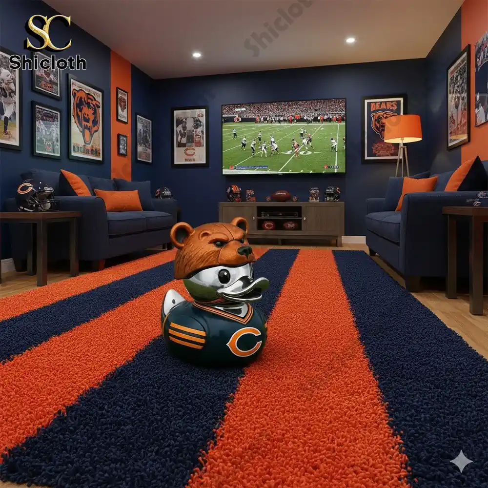 A duck figure wearing a bear head in a Chicago Bears themed room!