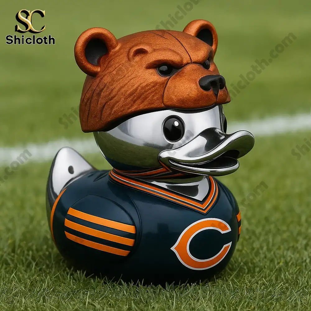A duck figure wearing a bear head standing on a football field!
