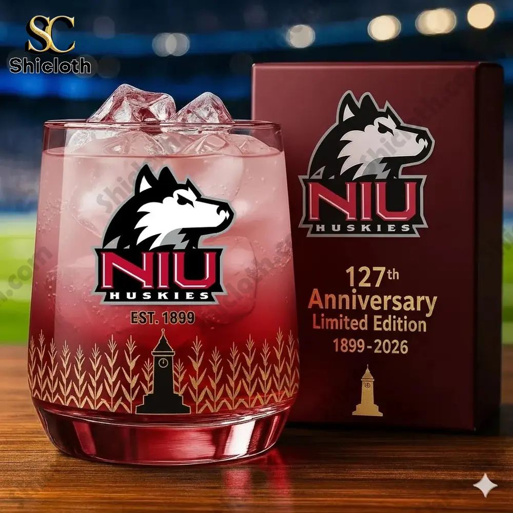 NIU Huskies anniversary whiskey glass with gift box on wooden table!