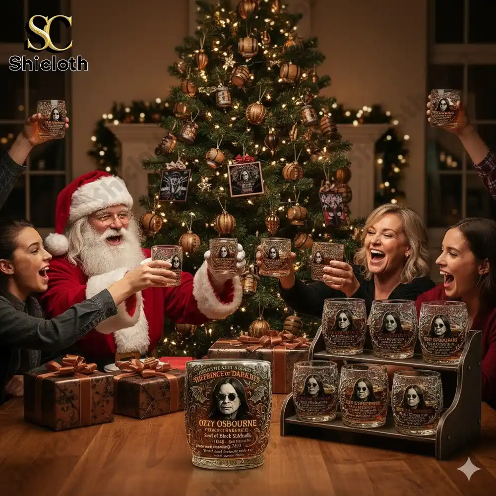 Group of people, including Santa Claus, raising Ozzy Osbourne tribute glasses in front of a Christmas tree.