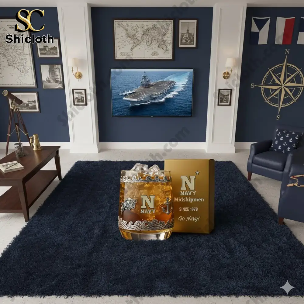 A navy-themed decor with a glass featuring the Navy Midshipmen logo and a TV showing a Navy aircraft carrier.