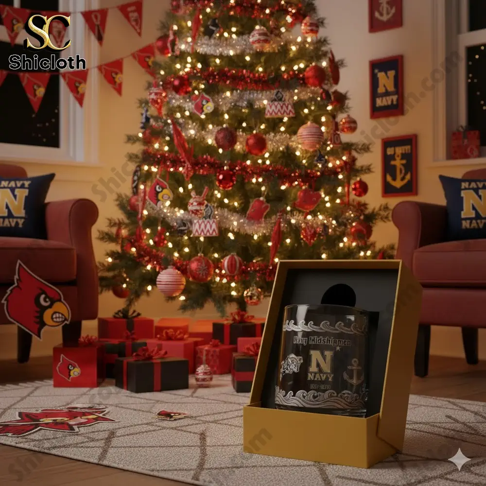 Christmas tree decorated with Navy Midshipmen and Louisville Cardinals ornaments with a Navy Midshipmen glass in front.