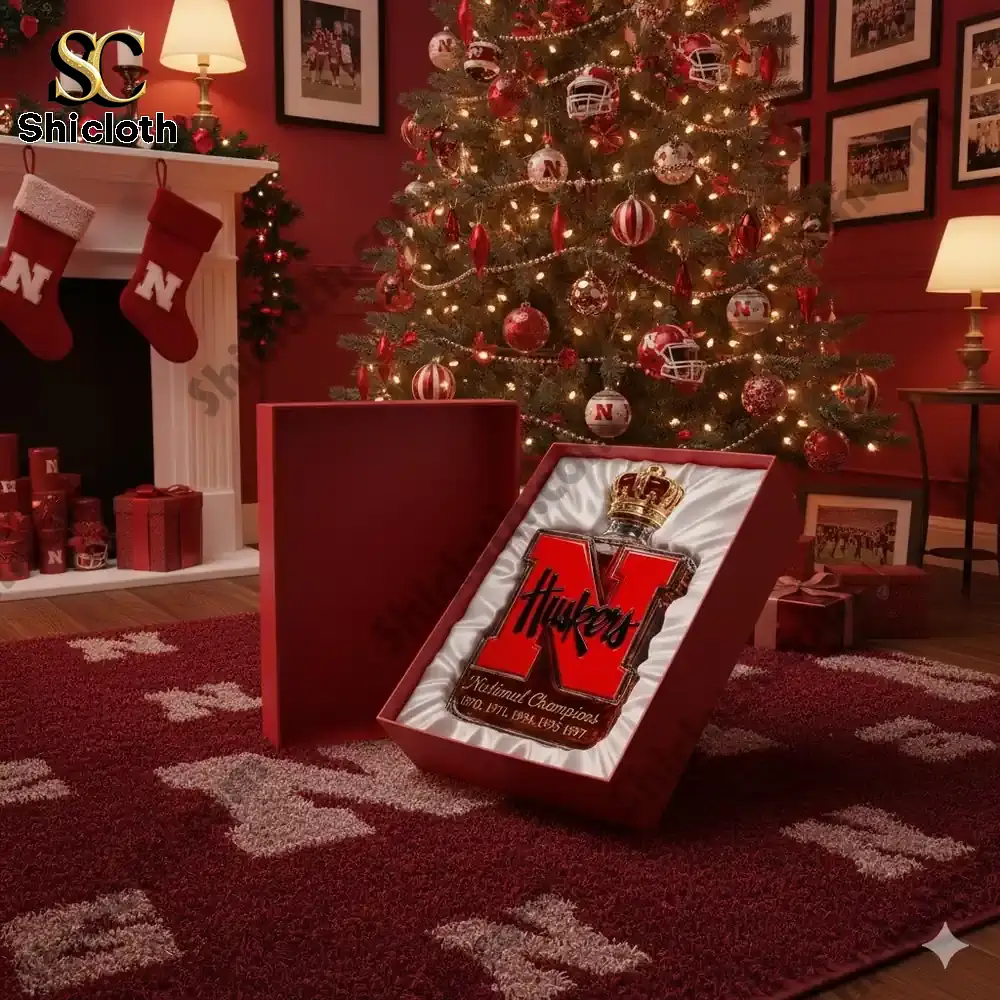 Gift box displaying a Nebraska Huskers N shaped whiskey bottle in a Christmas decorated room!