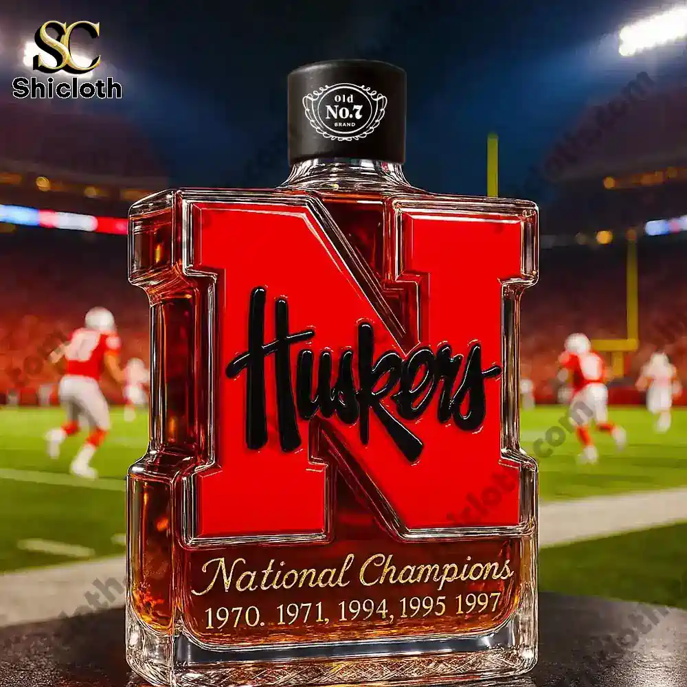 Nebraska Cornhuskers 5-Time National Champions Christmas Gift Whiskey Bottle 6 Nebraska Huskers N shaped bottle with a black Old No7 cap on a football field!