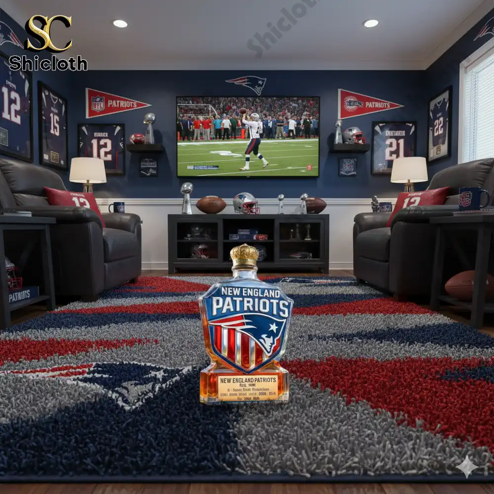 New England Patriots whiskey decanter displayed in a Patriots themed living room!