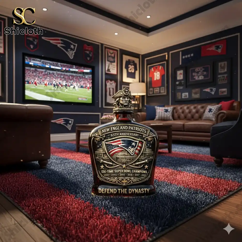 New England Patriots 65th Anniversary Defend the Dynasty whiskey bottle displayed in a fan's Patriots-themed room.