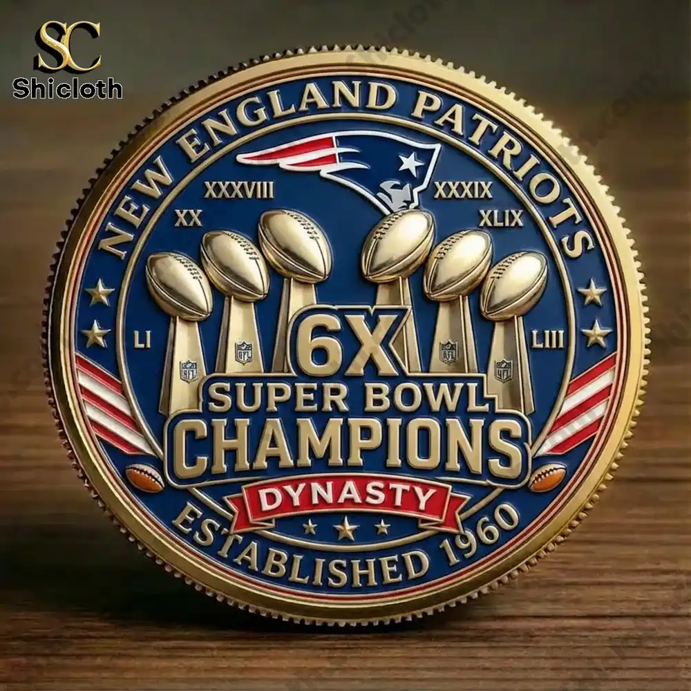 New England Patriots championship coin showing six Super Bowl trophies and dynasty theme!