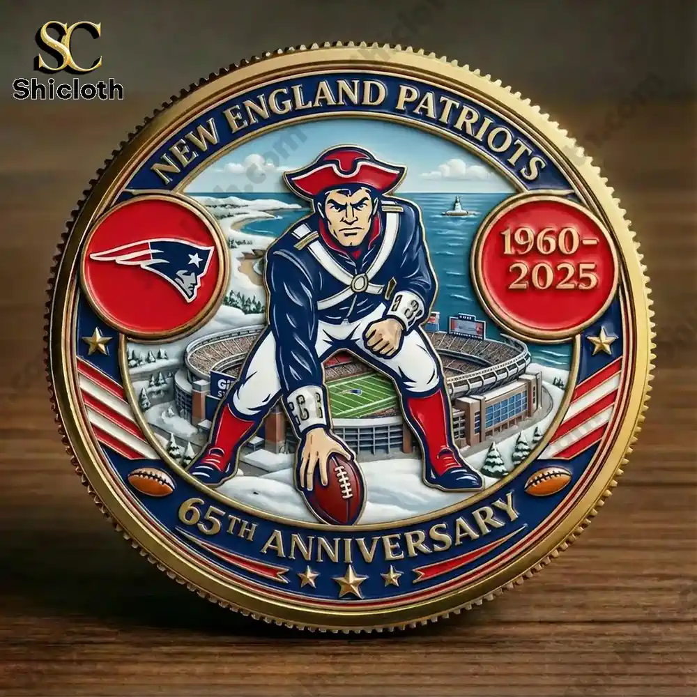 New England Patriots anniversary coin featuring the Patriot mascot and stadium scene!