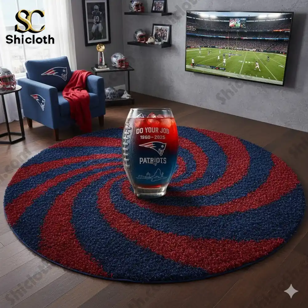 Patriots themed glass displayed in a football fan living room!
