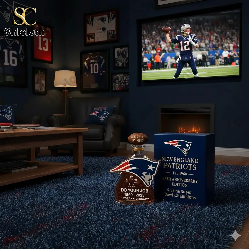 A Patriots-themed room featuring jerseys, a fireplace, and a large TV showing a game with Tom Brady. There are also memorabilia pieces like a special anniversary bottle.