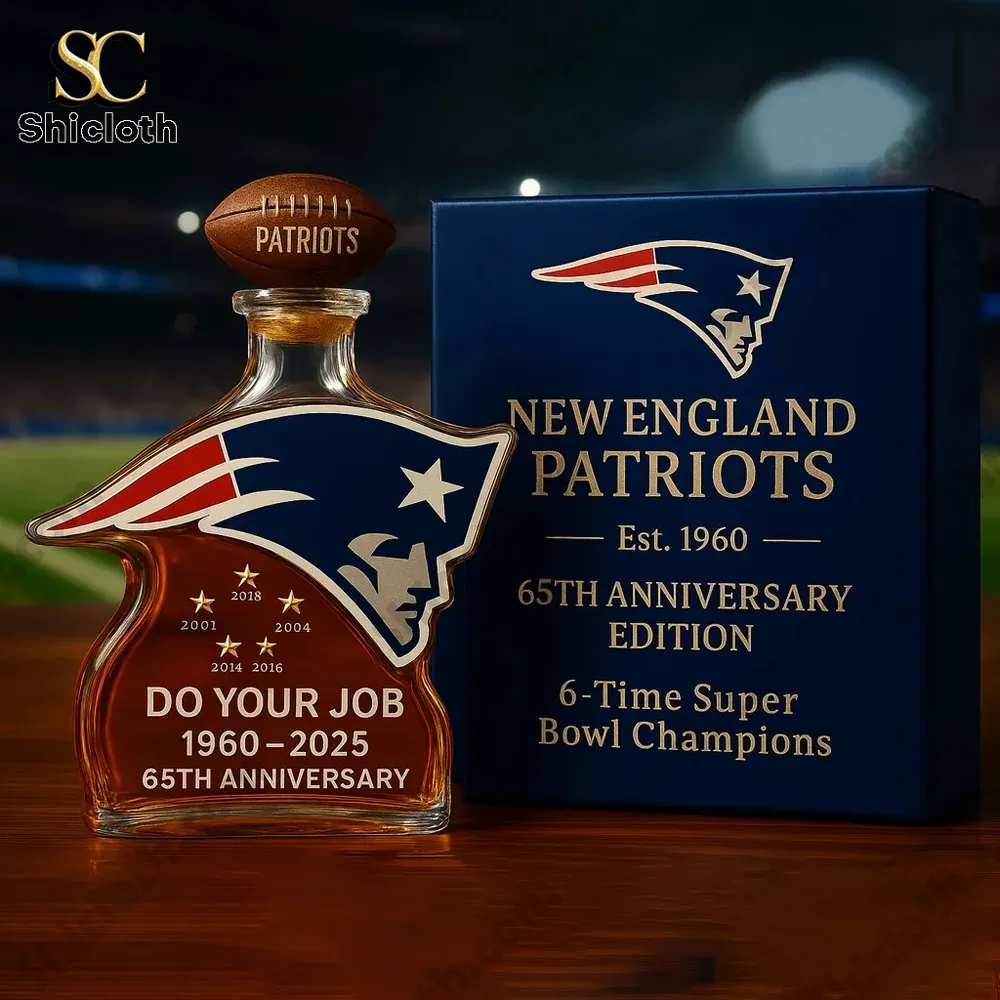 A close-up of a New England Patriots 65th Anniversary Edition bottle featuring the team logo and a commemorative message. The background includes a football field.