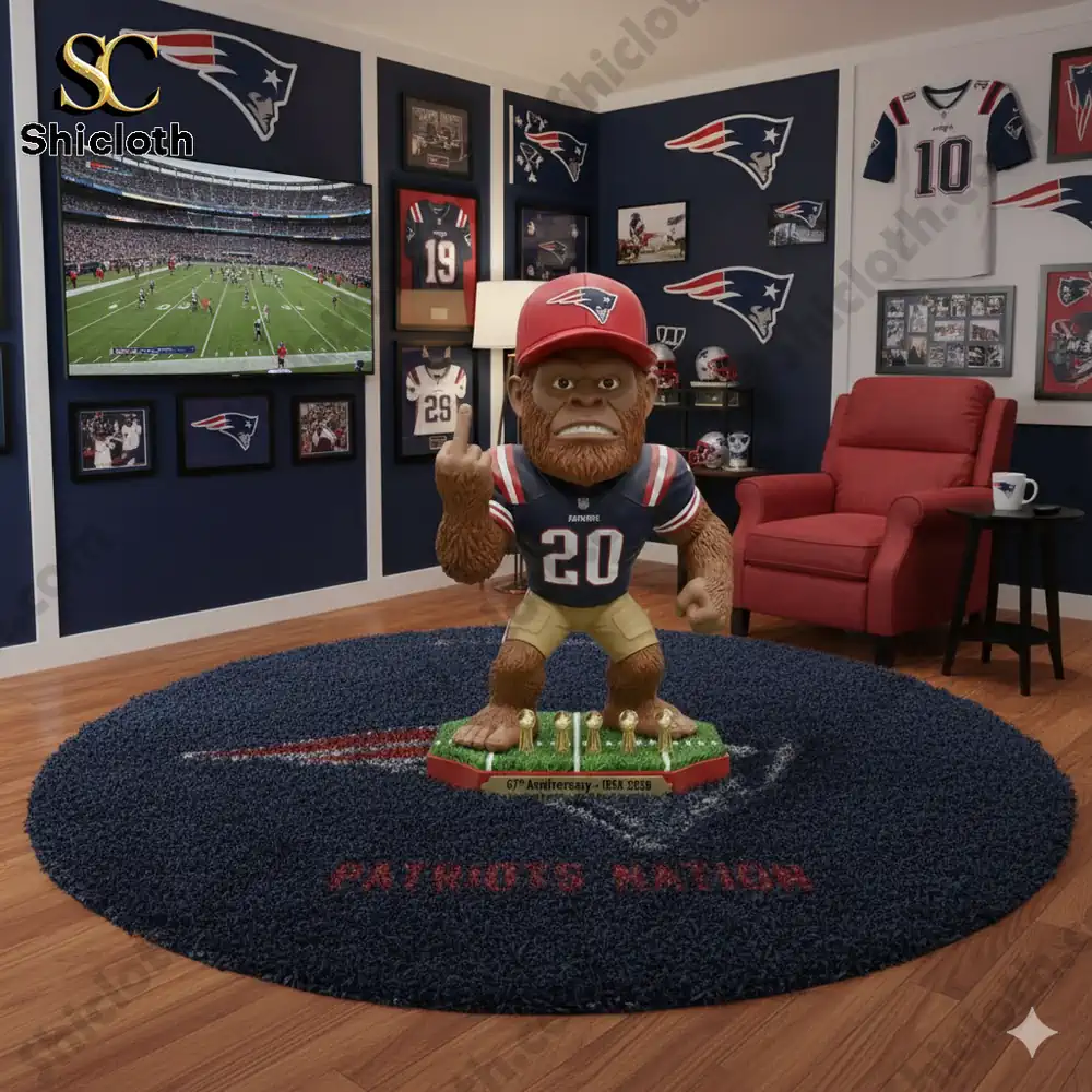 Patriots mascot style collectible statue in a fan themed room