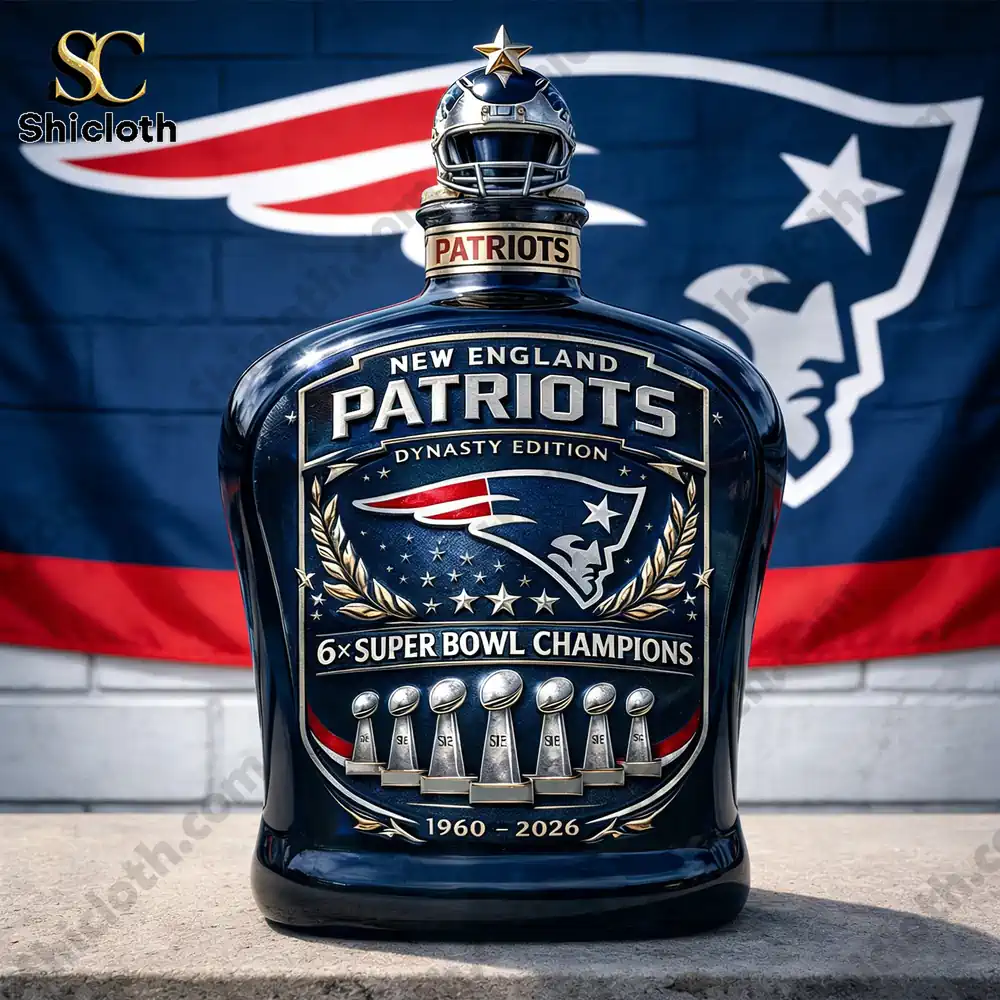 Close up Patriots dynasty bottle with team logo background!