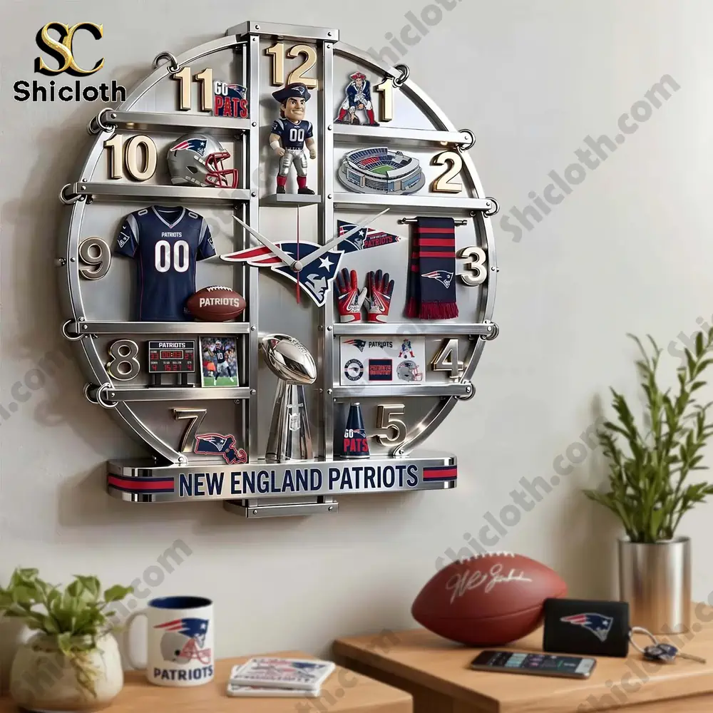 A decorative wall clock featuring New England Patriots themed items arranged around the face.