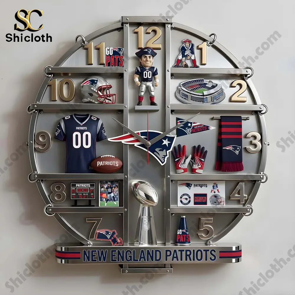 A close up view of a New England Patriots decorative wall clock with team memorabilia.