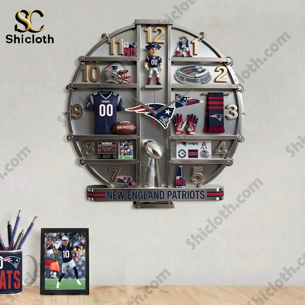 New England Patriots Home Decorative Wall Clock 3 A New England Patriots themed wall clock displayed against a light background.