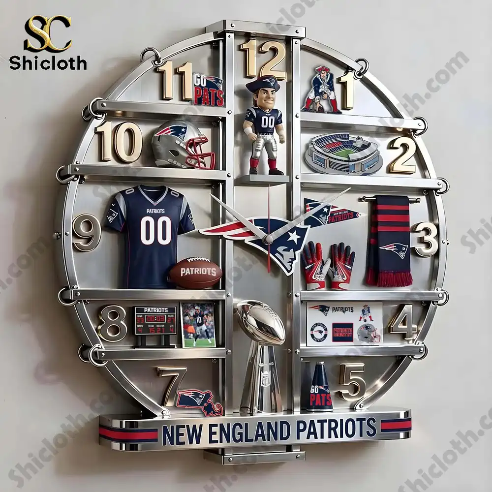 New England Patriots Home Decorative Wall Clock 4 An angled view of a New England Patriots wall clock decorated with team items.