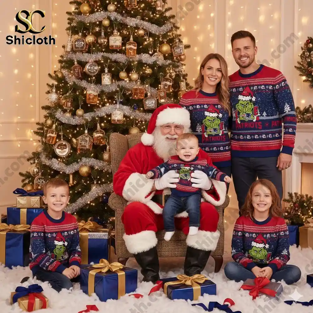New England Patriots The Grinch wearing a Santa Claus hat Ugly Christmas Sweaters
