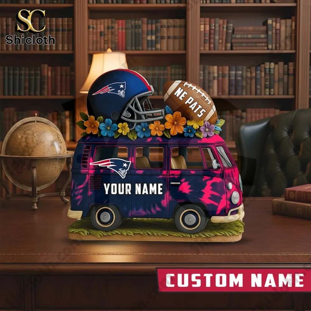 Custom New England Patriots van bus plaque on desk with helmet and football!