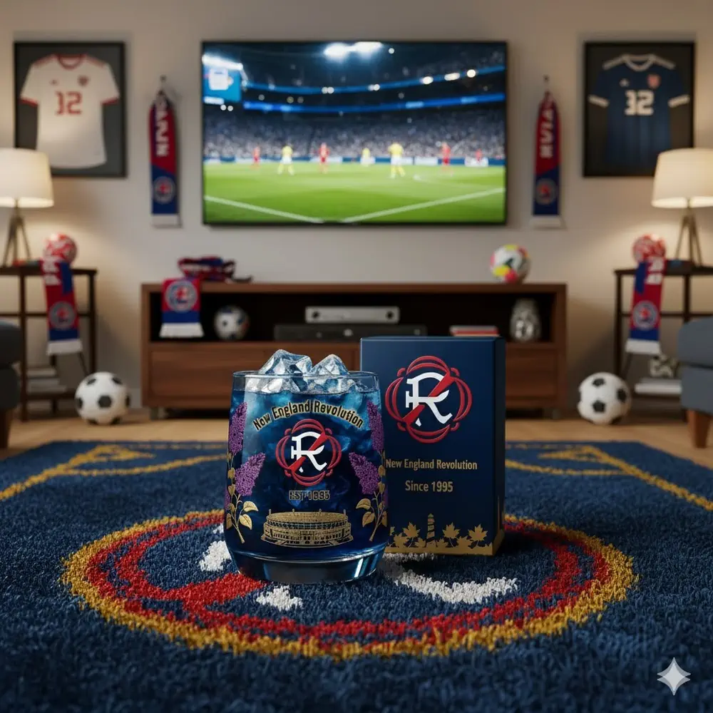 A glass with New England Revolution branding displayed in a soccer themed living room.