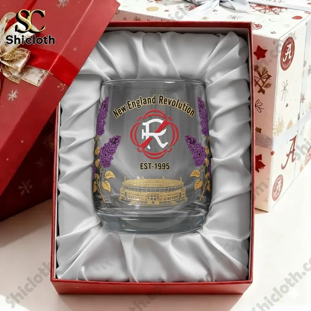 A New England Revolution themed glass presented in a padded gift box.
