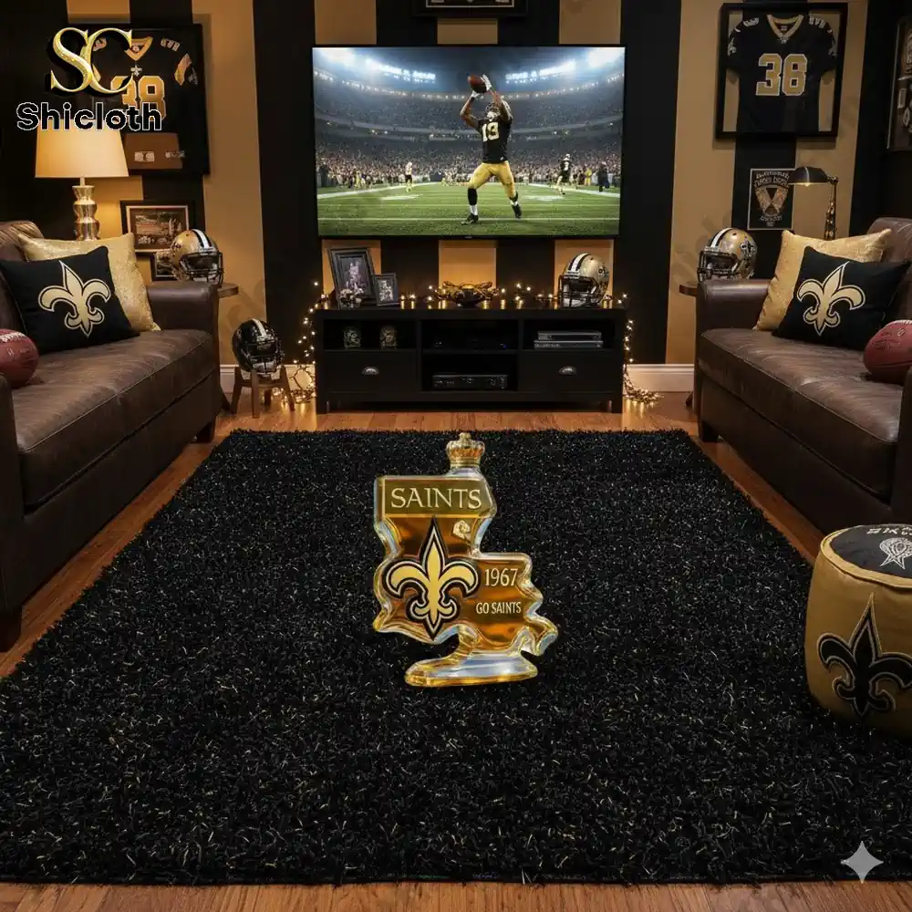 New Orleans Saints whiskey decanter displayed in a Saints themed living room!