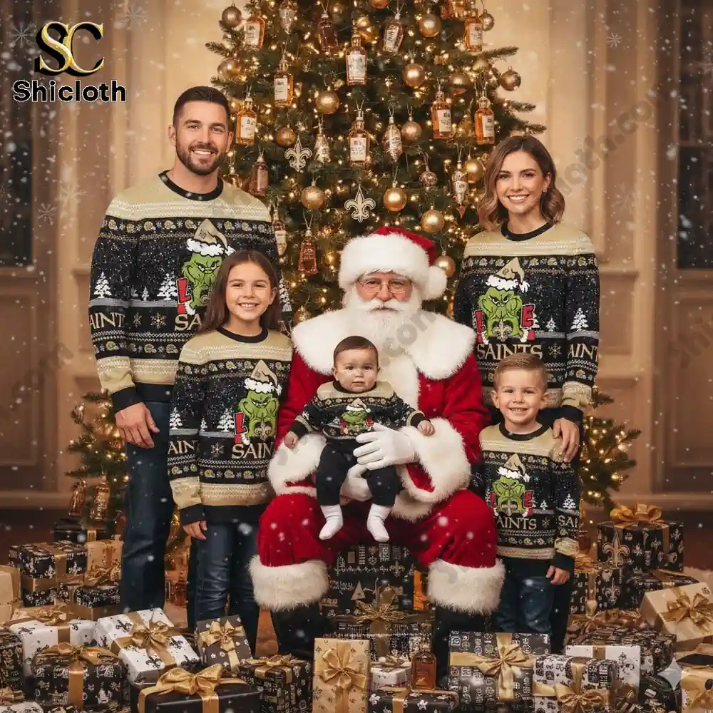 New Orleans Saints The Grinch wearing a Santa Claus hat Ugly Christmas Sweaters