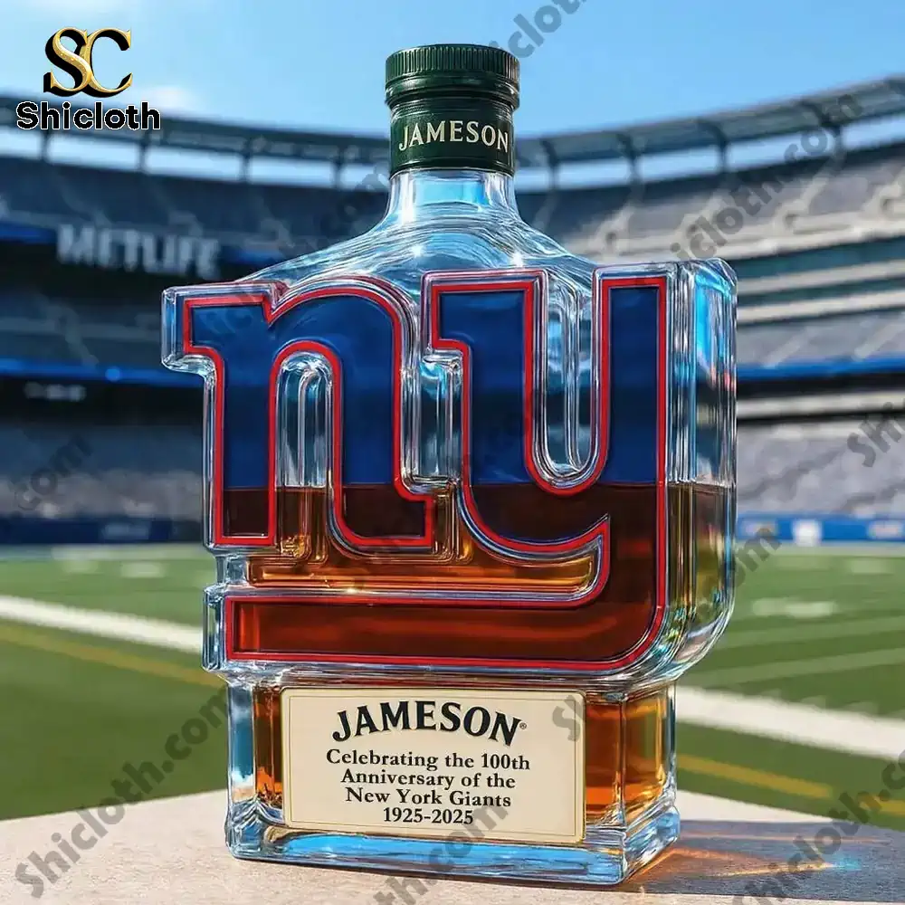 New York Giants 100th Anniversary Whisky Collector's Edition Bottle 3 A New York Giants logo shaped whisky bottle styled after Jameson set on a football field.