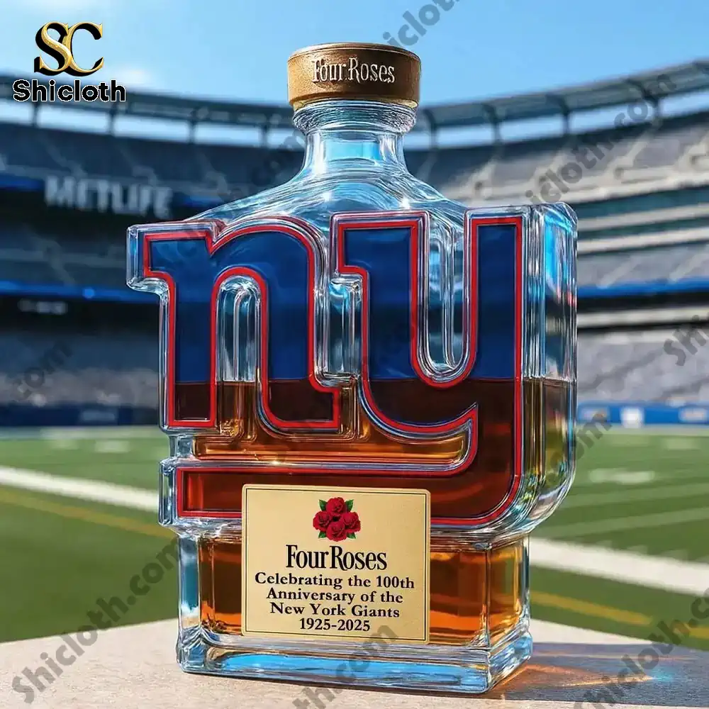 New York Giants 100th Anniversary Whisky Collector's Edition Bottle 4 A New York Giants logo shaped whisky bottle styled after Four Roses shown on a football field.