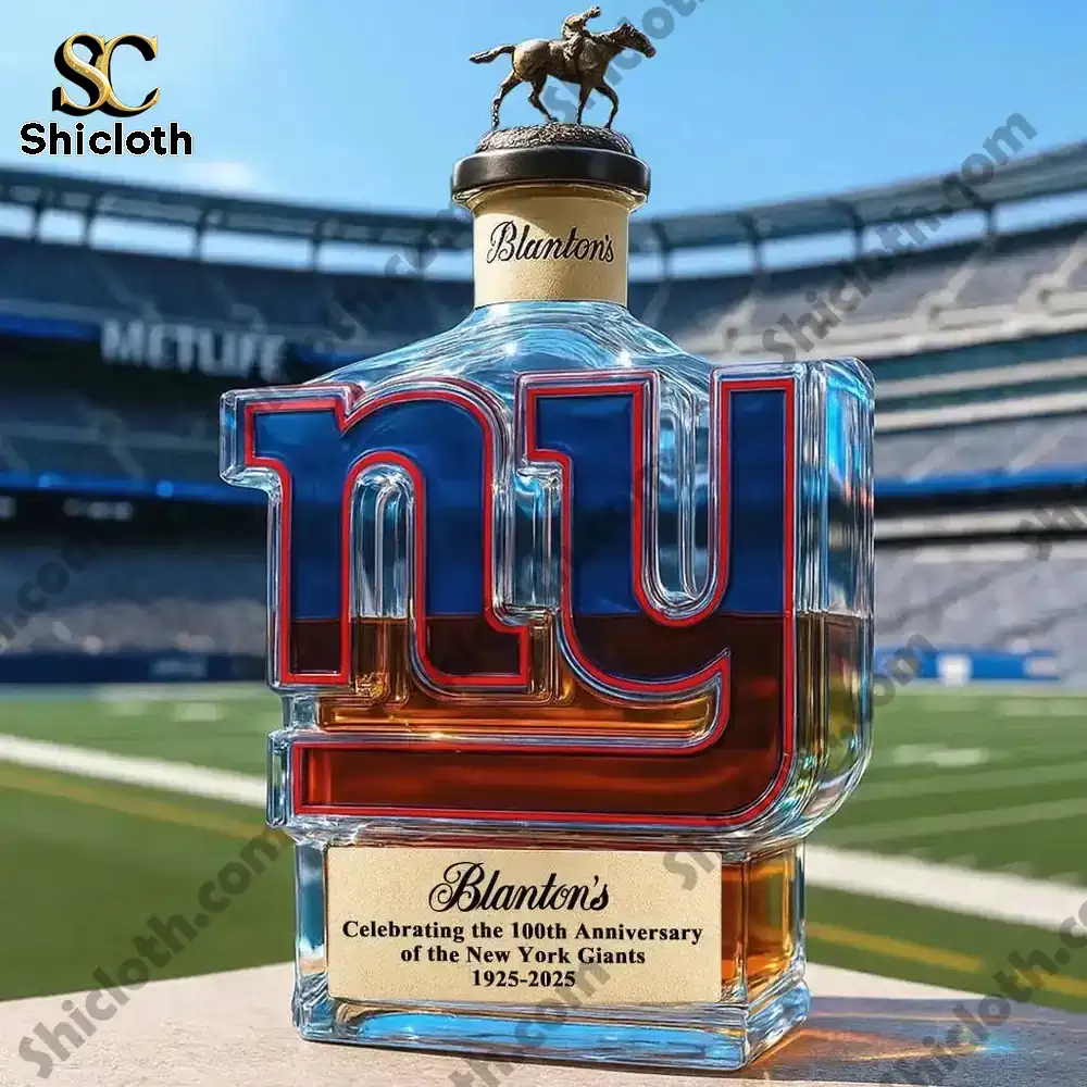 New York Giants 100th Anniversary Whisky Collector's Edition Bottle 7 A New York Giants logo shaped whisky bottle styled after Blantons placed on a football field.