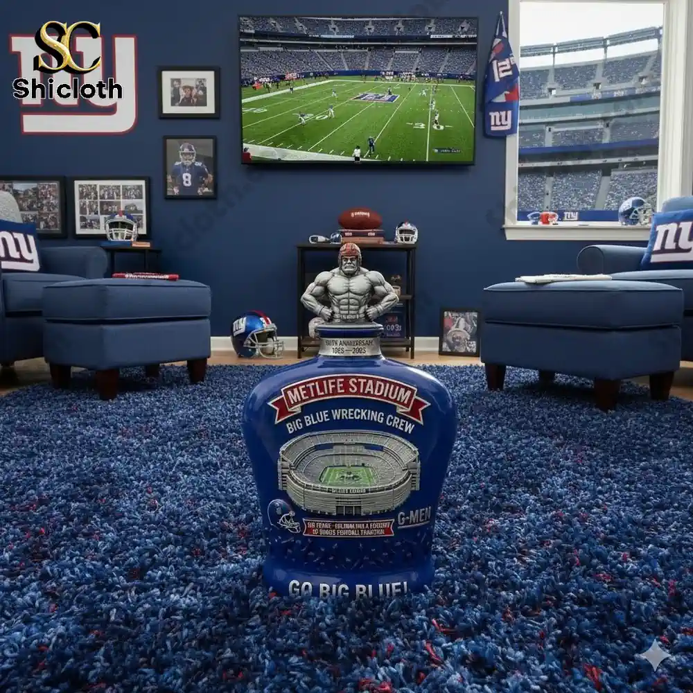 New York Giants MetLife Stadium Big Blue Wrecking Crew whiskey bottle displayed in a fan’s room decorated with Giants memorabilia.